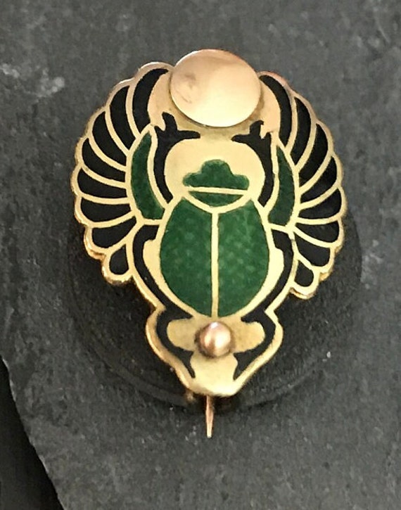 Exquisite 14k enameled art nouveau scarab brooch … - image 2