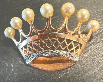 18k Crown brooch Pearls Diamonds hand fabricated 1958
