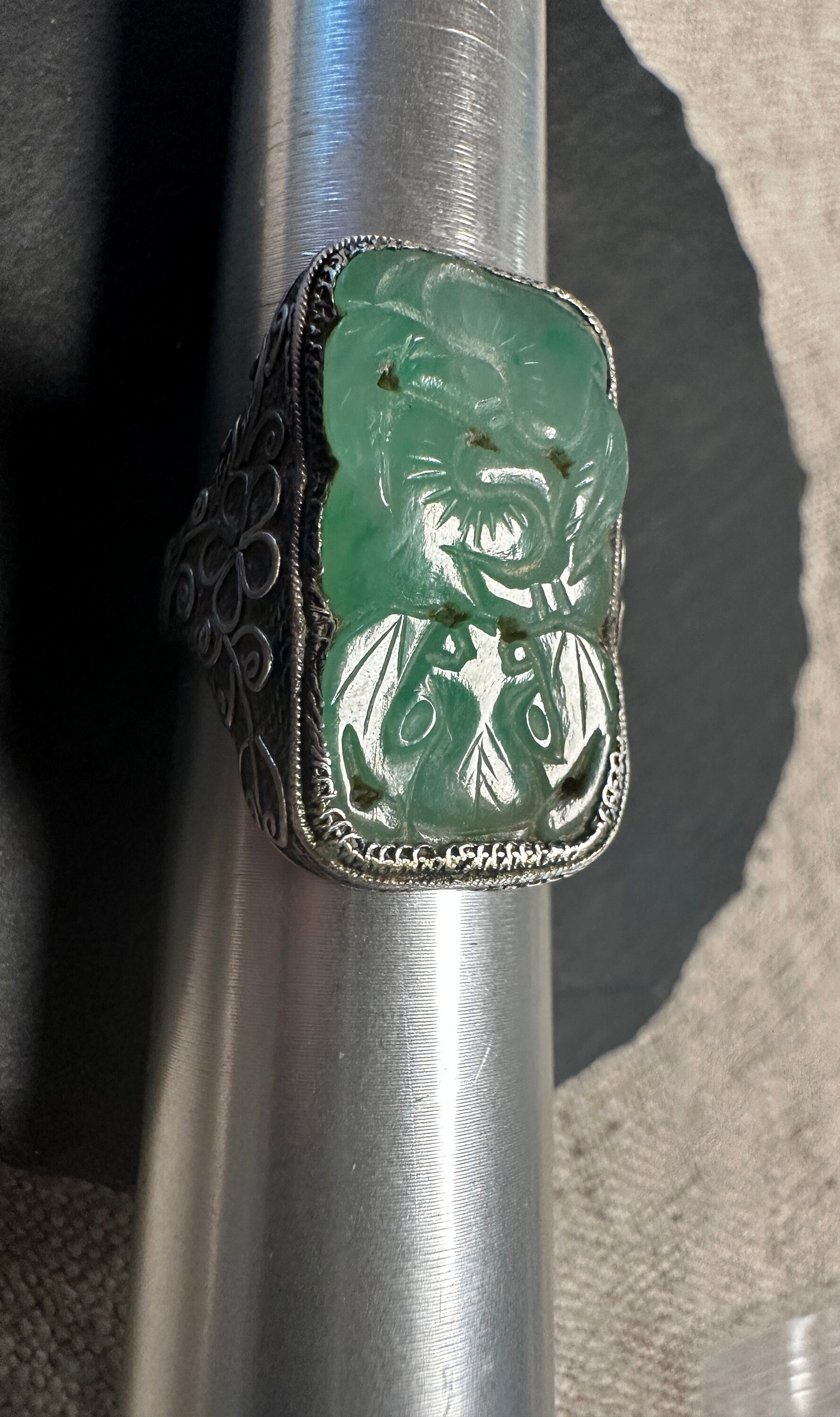 Chinese Export Silver. Ring- Carved Green Jade Bat in Garden