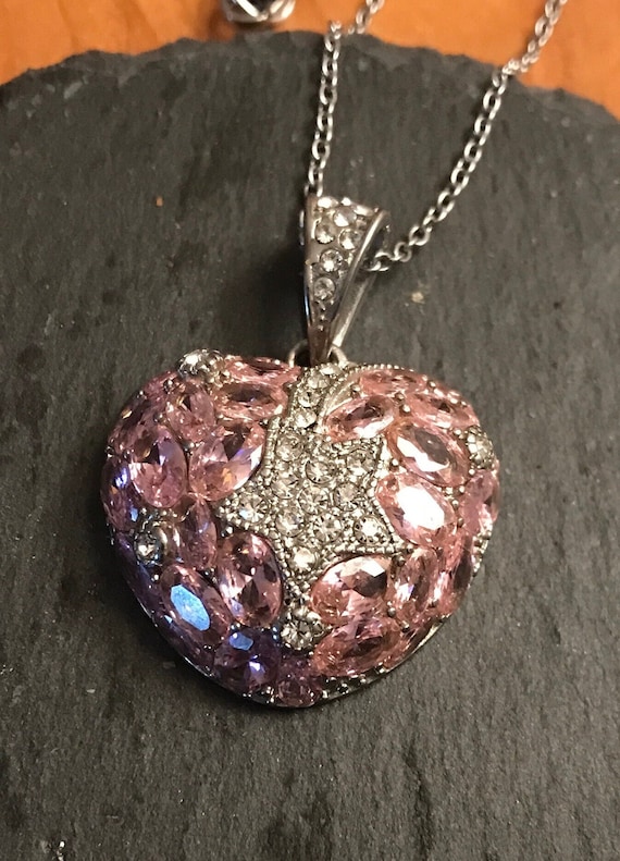 A vintage pink encrusted puffy heart necklace