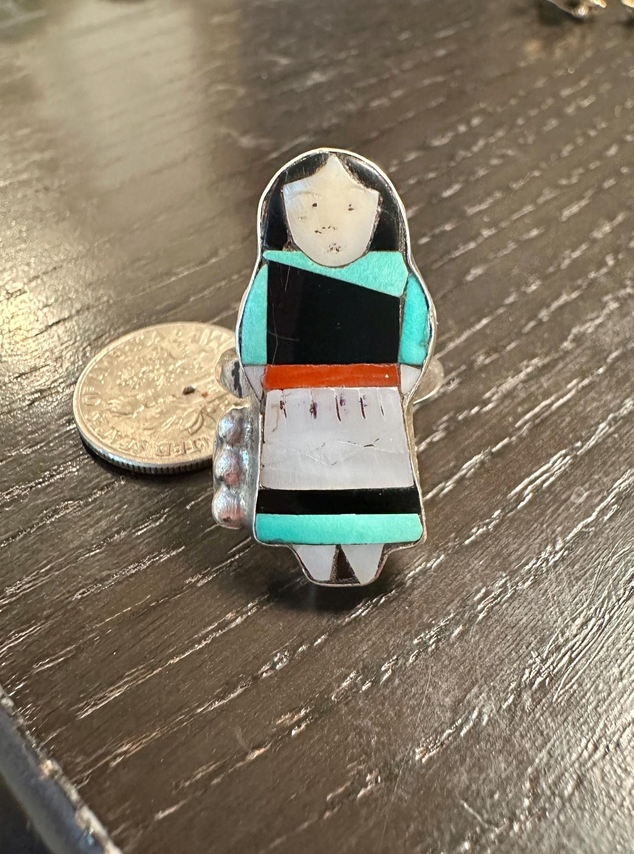 Sterling Zuni Ring-the Maiden Kachina-inlaid With Turquoise