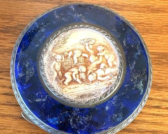 Silver Italian Compact no mirror, exquisite, genuine Lapis frames frolicking Putti Cameo antique