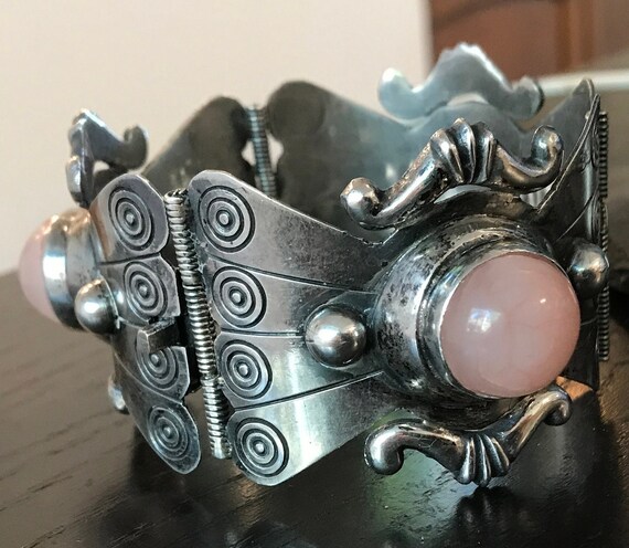 EARLY Silver Mexican wide Agate Link Bracelet- 7" - image 5