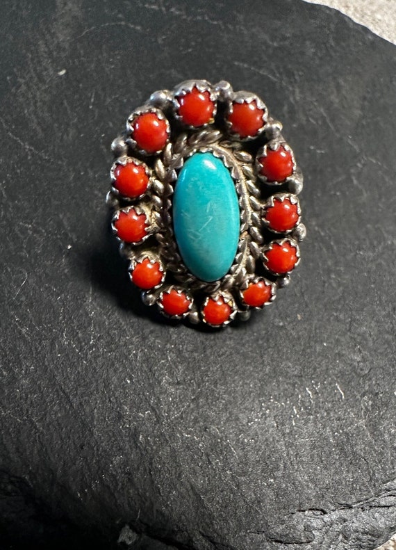 Sterling ring Turquoise and Coral hand wrought Nat