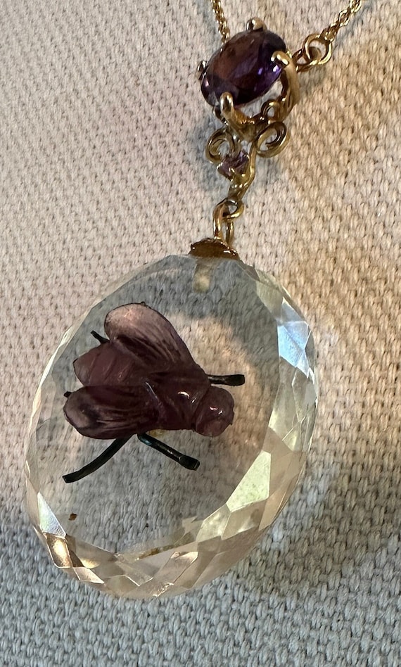 14k Victorian Rock Crystal and carved Amethyst fly