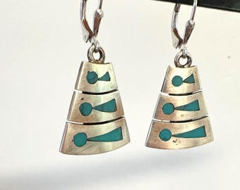Sterling Earrings Mid Century Turquoise inlaid drops