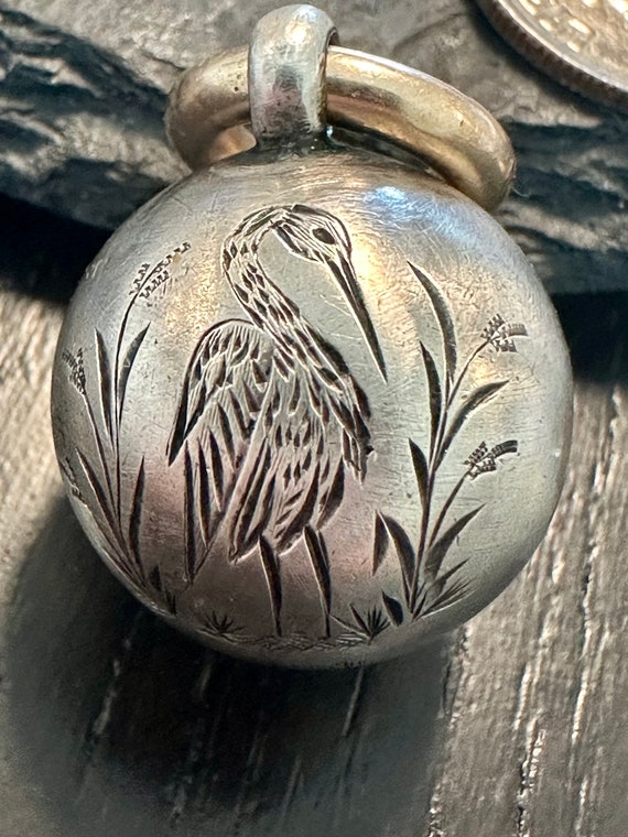 Victorian rare silver engraved crane spherical art