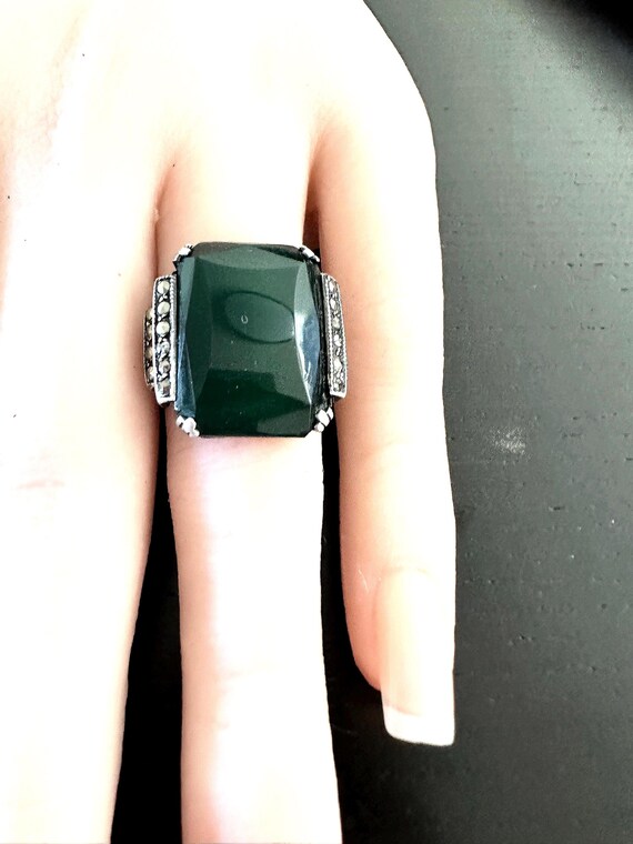 Deco ring Sterling Rectangular green Onyx marasci… - image 3