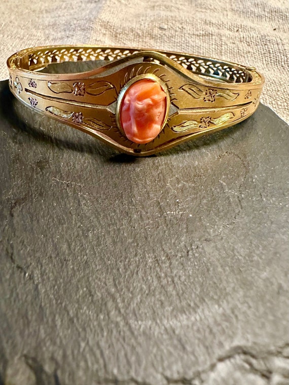 Exception Bangle Early 1900s Coral Cameo, gold fil