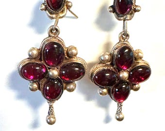 Sterling Earrings Garnet cabochons Medieval looking Stunning dangles