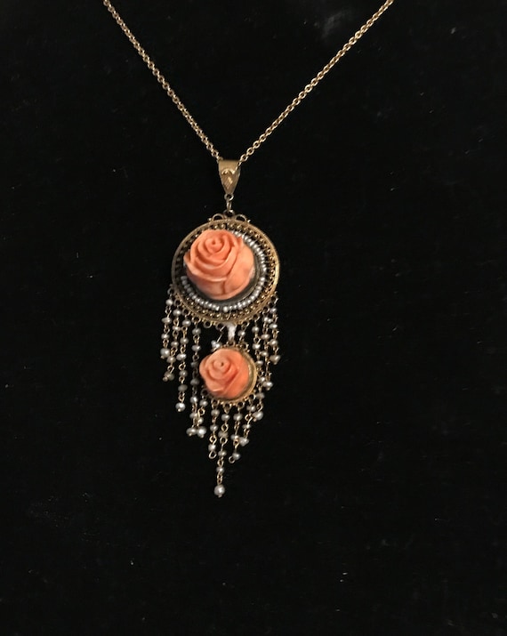 14K coral rose and natural seed pearl fringe filig