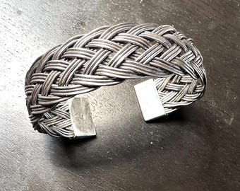 Sterling Woven cuff bracelet, triple coiles of wire hand woven -Large size 7 1/2 to 8"