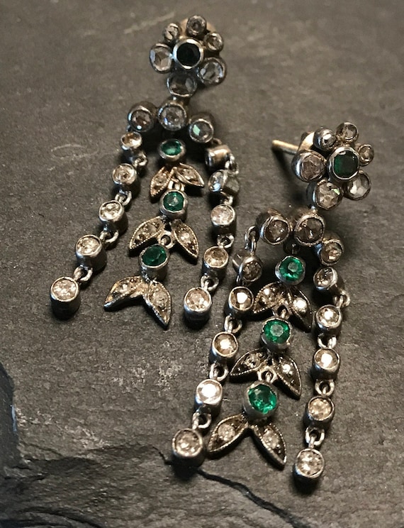 Edwardian 14k diamond & Emerald dangle drop pierce