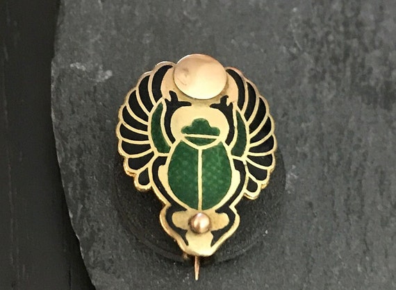 Exquisite 14k enameled art nouveau scarab brooch … - image 1