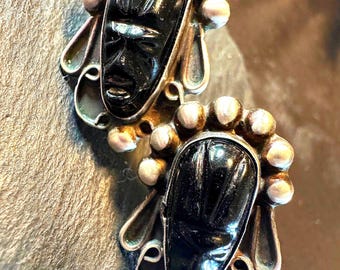 Sterling Earrings Screw back Mid Century Mexican blacek God face