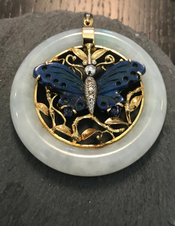14k yellow gold, jade, lapis carved butterfly, di… - image 5