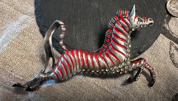 1940s rare Sterling Eisenberg Zebra brooch-red en… - image 10