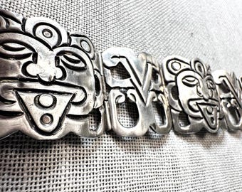Sterling Bracelet Early hand fabricated Tlaltecuhtli Aztec God 7"