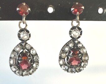 Silver antique Earrings early 1800s-genuine Garnets and paste 1 1/4" drops