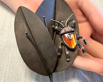Sterling Brooch textured oxidized large Leaves with a fabulous detachable Bug signed CD