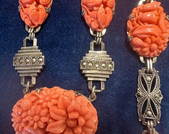 Sterling set Marcasite and Faux Coral-Deco rare find Necklace & Bracelet