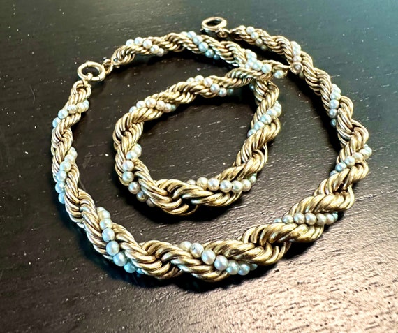 Twister Rope Chain Pattern 14k mid century twisted rope chain with genuine pearl… - Gem