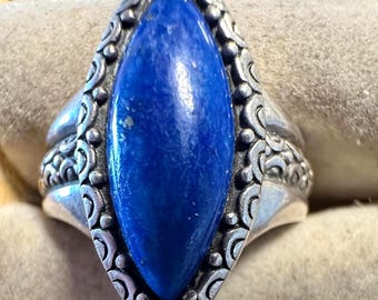 Sterling Lapis Ring vintage Navette Cabochon size 8 1/4