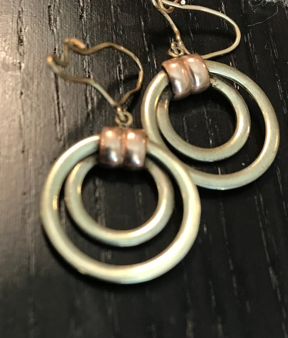 18K Retro bicolor double hoop dangle earrings