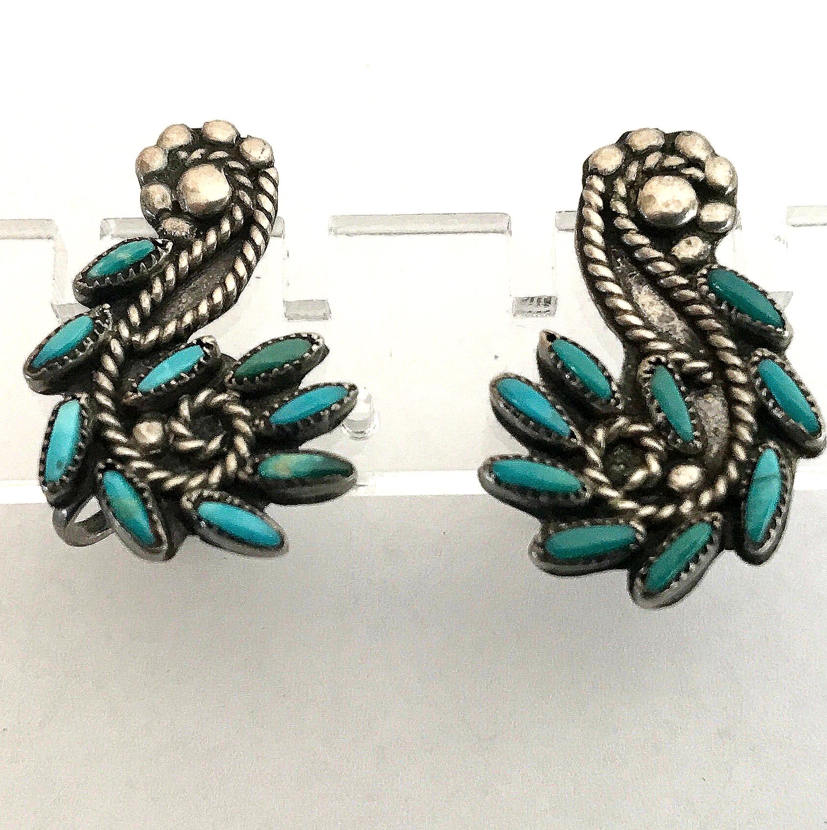 A Vintage Pair Oj Zuni Needle Point Screw Back Sterling Earrings