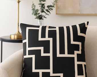 Modern Maze Pillow Cover: Black & Beige Geometric Throw Cushion