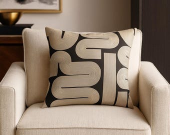 Modern Geometric Pillow Cover: Black and Beige Circuit Design