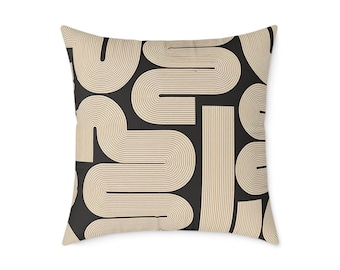 Modern Geometric Pillow Cover: Black and Beige Circuit Design