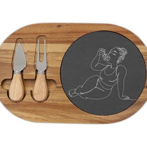 Acacia Wood Charcuterie Board with Slate & Utensils: Woman with Grapes Art