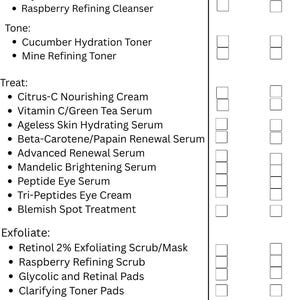 May include: A Skin Script skincare product list, detailing cleansers, toners, treatments, exfoliants, hydrators, and sunblock. Products include "Pomegranate Antioxidant Cleanser" and "Retinol 2% Exfoliating Scrub/Mask". The list also has space for the date and time.