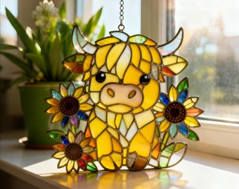 Atrapasueños de vitral con diseño de vaca de las Tierras Altas y girasoles, regalos navideños únicos hechos a mano, decoración de pared rústica para el hogar, regalo rústico para el hogar