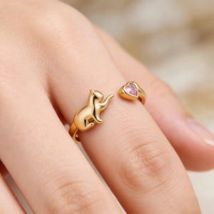 Adjustable 925 Silver Cat Chases Heart Ring| Handmade Open Band | Valentine’s Day Gift for Cat Lover | Pink Heart Stackable Ring