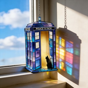 Doctor Who Inspired TARDIS Stained Glass Suncatcher, Gift for Doctor Who Fans, Fantasy Glass Suncatcher, Black Cat Whovian Decor