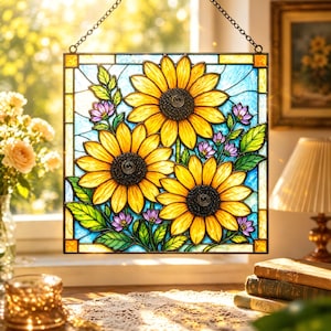 Hand-Painted Sunflower Stained Glass Suncatcher, Floral Sun Catcher, Spring Home Decor, Boho Home Gift, Gift for Mom, Gift For Her