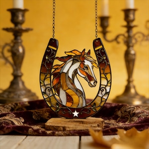 Lucky Horseshoe Horse Stained Glass Suncatcher, Horse Window Decor, Equestrian Gift, Horse Ranch Suncatcher Gifts, Gift For Horse Lovers