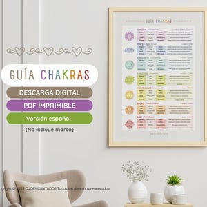 May include: A framed poster titled "GUÍA CHAKRAS" in Spanish, with a beige frame. The poster features a colorful chart detailing chakras, with text and symbols. Below the title are the words "DESCARGA DIGITAL", "PDF IMPRIMIBLE", and "Versión español".