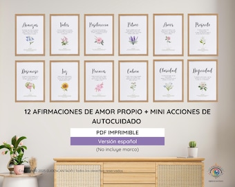 12 Afirmaciones de Amor Propio | Láminas Imprimibles en PDF con Mini Acciones de Autocuidado (versión en Español)