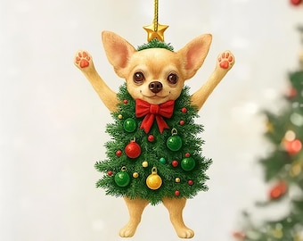 Whimsical Acrylic Dog Christmas Ornament – Cute Chihuahua Lover Gift 2025 – Funny Personalized Holiday Dog Tree Decor