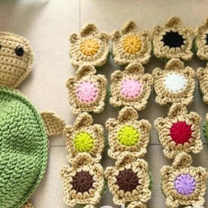 May include: Crocheted turtle and turtle-shaped appliques. The large turtle has a green shell and a tan head. The appliques are tan with various colored centers, including yellow, pink, black, white, red, brown, and purple. The appliques are approximately 2 inches in diameter.