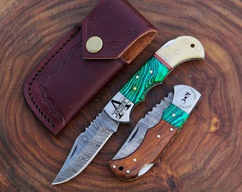 Turquoise Handmade Damascus Pocket Knife Folding Knife Malachite