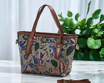 Handmade Batik Leather Bag, Women's Floral Tote, Indonesian Batik Purse, Unique Batik Handbag, Stylish Work Bag, Batik Tote Bag