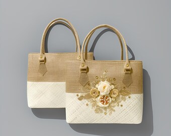 Bolso de arpillera con asa superior: bolso de yute con brocado y cristales