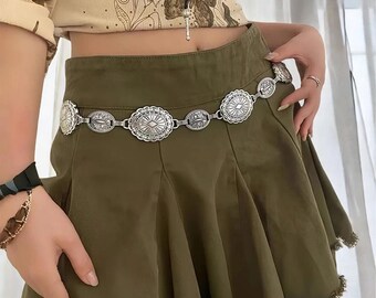 Vintage Carved Metal Chain Belt, Antique Gold Boho Waist, Adjustable Ethnic Coin Belt