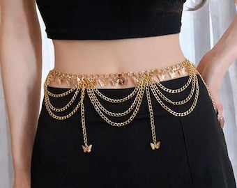 Gold Crystal Butterfly Buckle Layered Chain Belt Amazon.com: Amaxiu Butterfly Waist Chain Belt - Alloy  main image 4