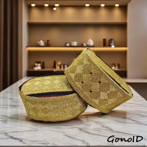 Handmade Peci Hat, Authentic Tapis Mato Kibau Songkok, Gold Indonesian Headwear with Crystal Details, Unique Peci Cap from Lampung