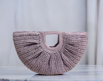 Half Moon Straw Bag, Woven Beach Tote, Boho Rattan Purse, Aesthetic Summer Bag, Handcrafted Wicker Handbag, Vacation Bag